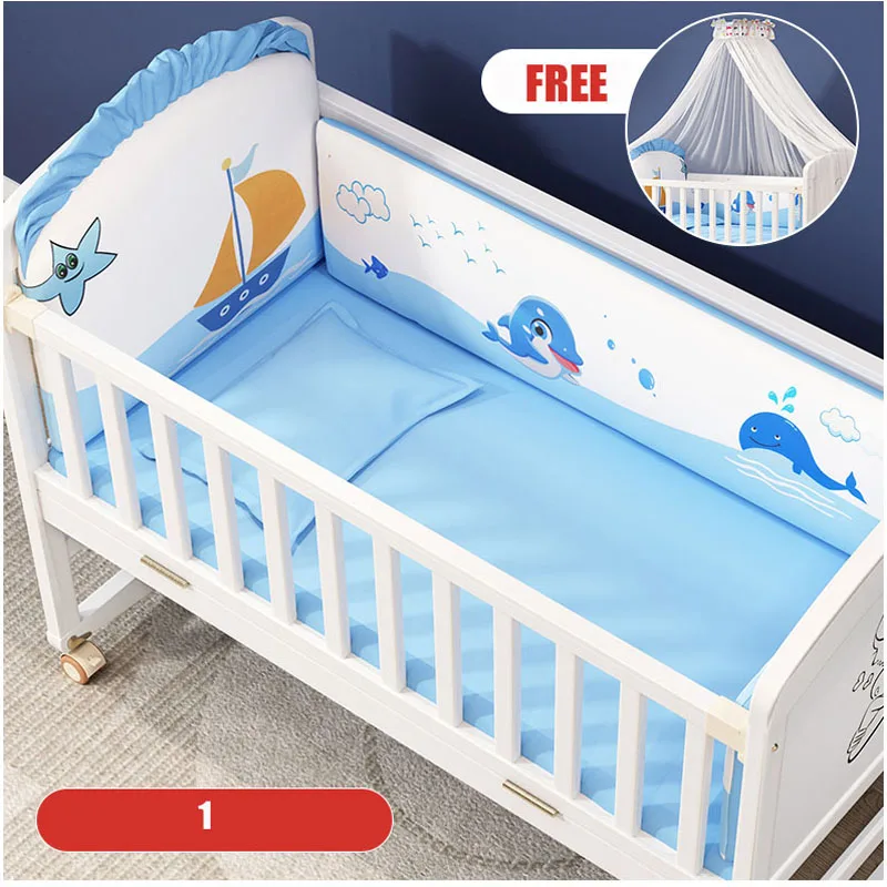 1M White Wood Baby Crib With Mosquito Net, Bedding Set, Baby Cot, Bed, Rocker Mattress Child Crib