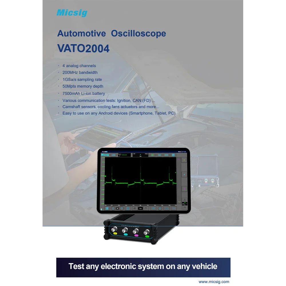 Micsig Split-type Automotive Oscilloscope VATO2004 200Mhz 4 Channels 50Mpts 1GSa/S Multi Functional Diagnostic Scope