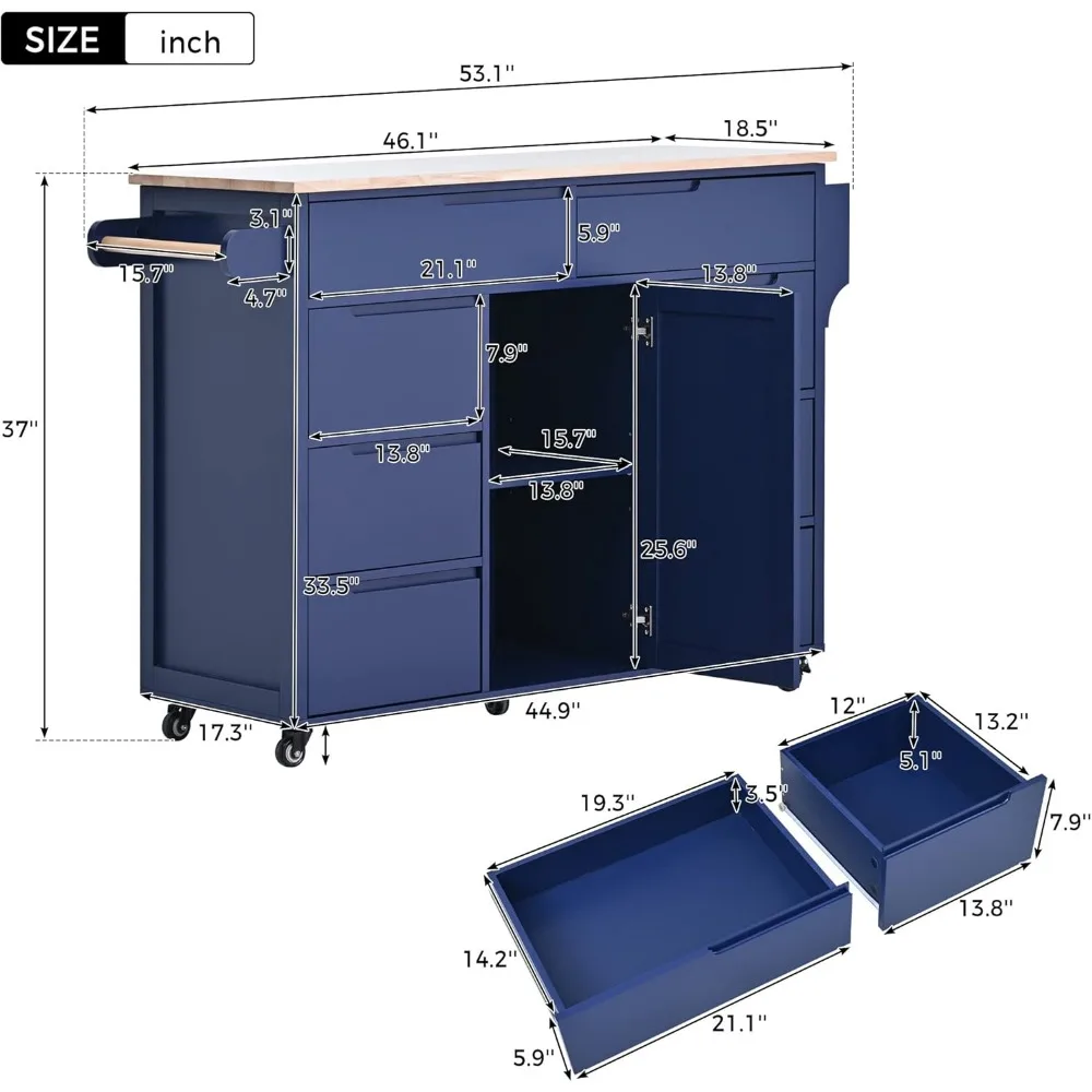 Depth Kitchen Cart with Rubberwood Countertop on 5 Wheels, Rolling Kithcen Island with Storage Cabinet & 8 Handle-Free Drawers