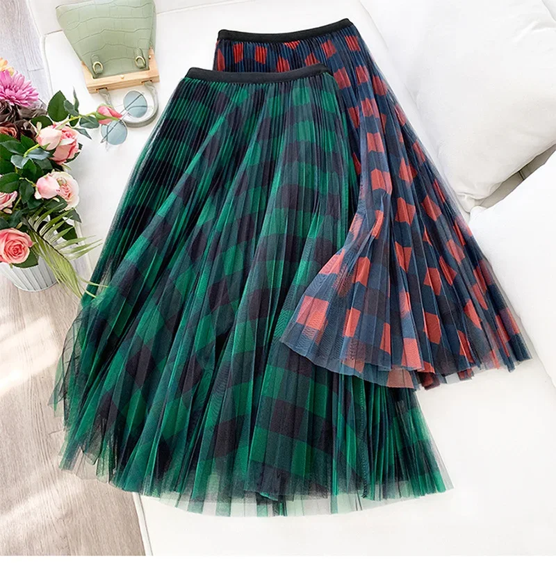 Plaid Mesh Women Skirts Fashion Elegant A Line High Waist Mesh Skirt Ladies Femmle Skirts Spring Pleated Skirt