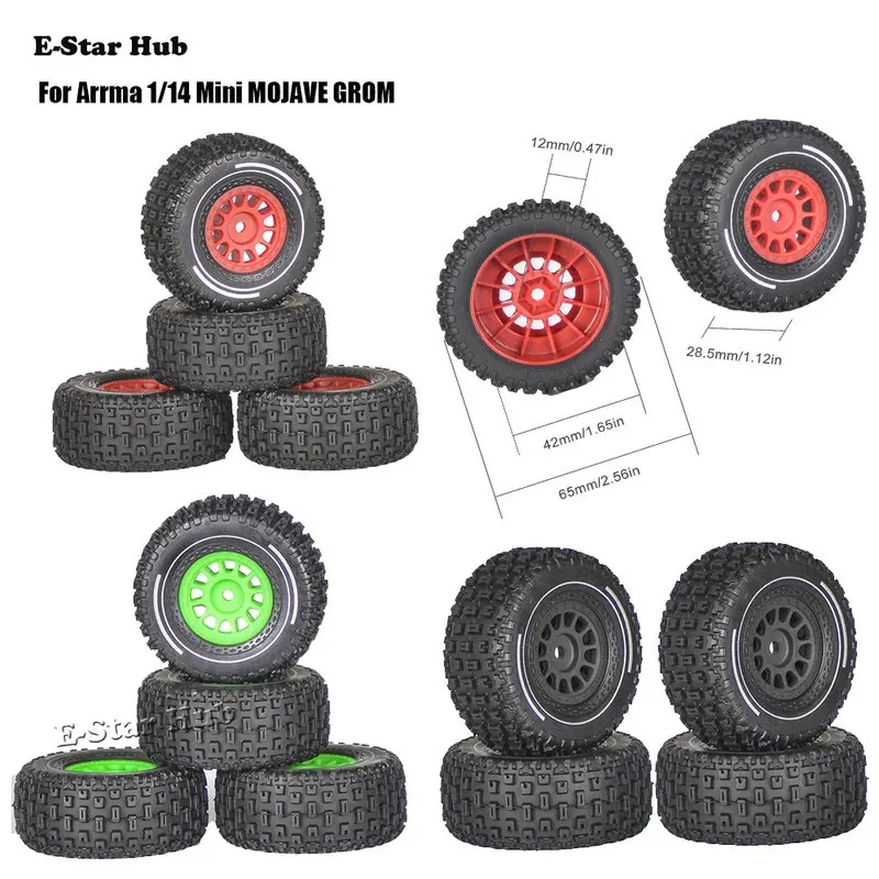 Para arrma 1/14 mini mojave grom 4 pçs 65mm 12mm hex hub rc pneus roda rc carro atualização peças acessórios