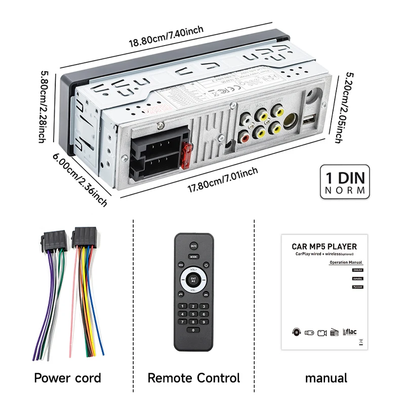 PHYEE 1 Din CarPlay Autoradio مع Android-Auto اللاسلكي، Bluetooth 5.0، RDS FM AM، USB/TF/AUX، وحدة رأس راديو السيارة 4 بوصة F7805WR