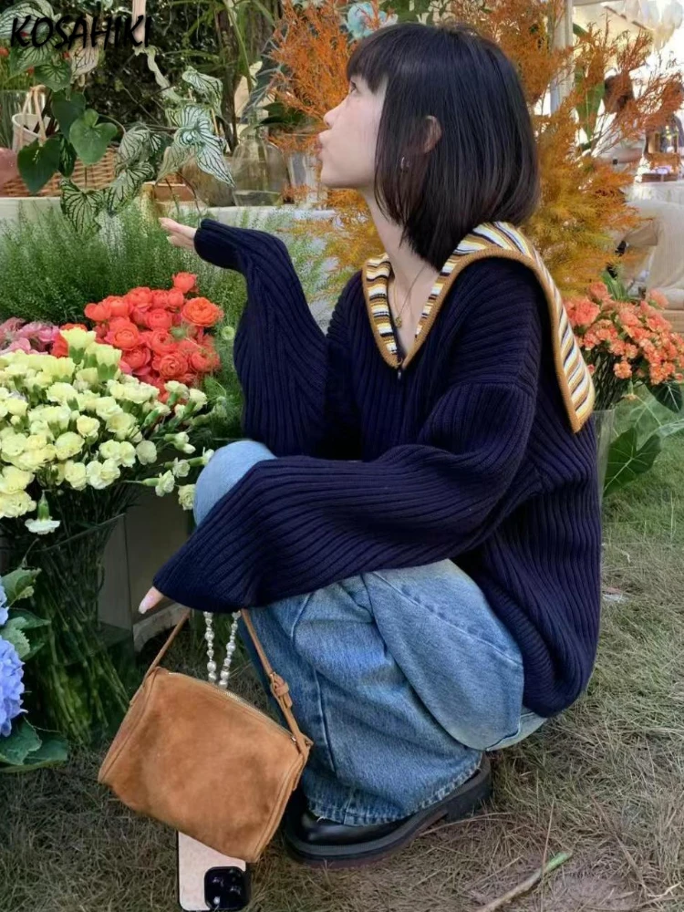 

Stripe Sailor Collar Harajuku Sweaters Y2k Aesthetic Contrast Color Casual Vintage Pullovers Oversized Grunge Knitwear Women