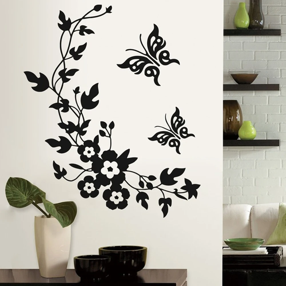 Black Butterfly Flower Wall Stickers Refrigerator Cupboard Kitchen Decor Decal Wallpaper Home Wardrobe Decor PVC Wall Sticker