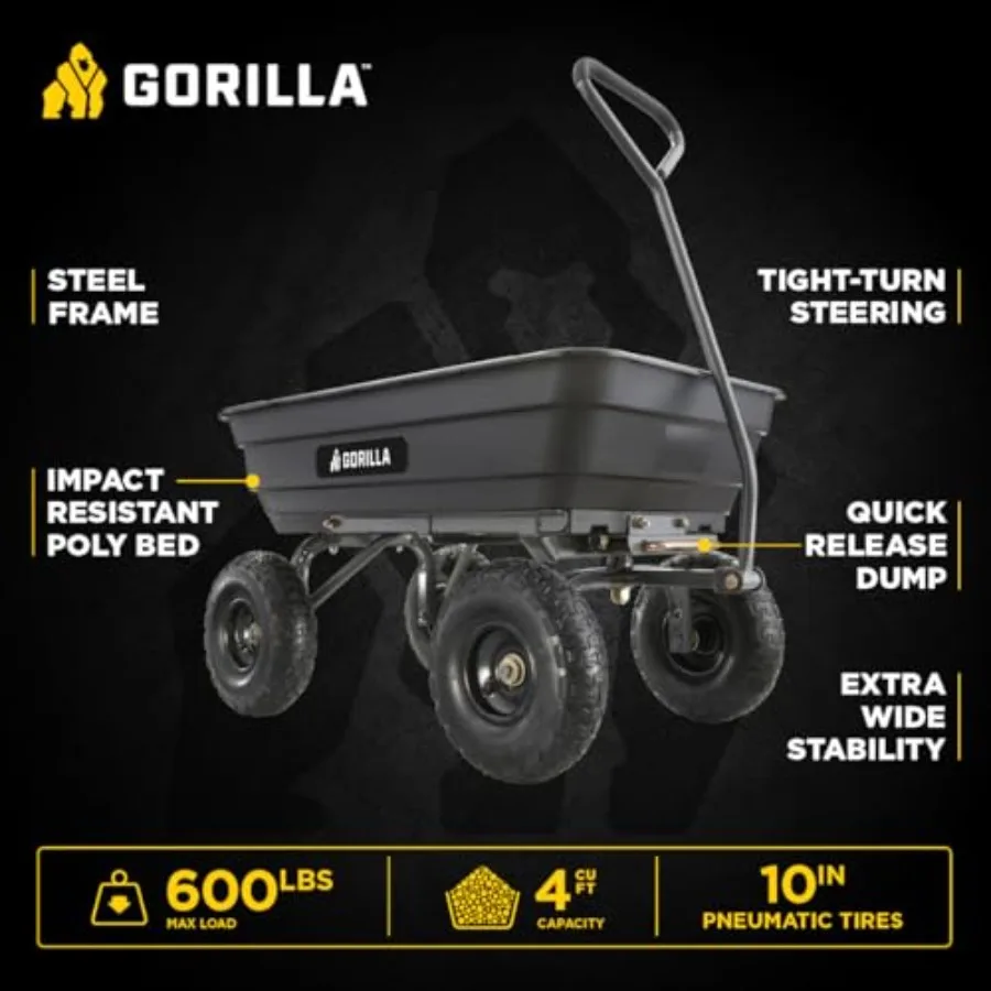 Poly Dump Cart, 600 lb. Capacity, 4 Cu Feet, Quick Release Dump