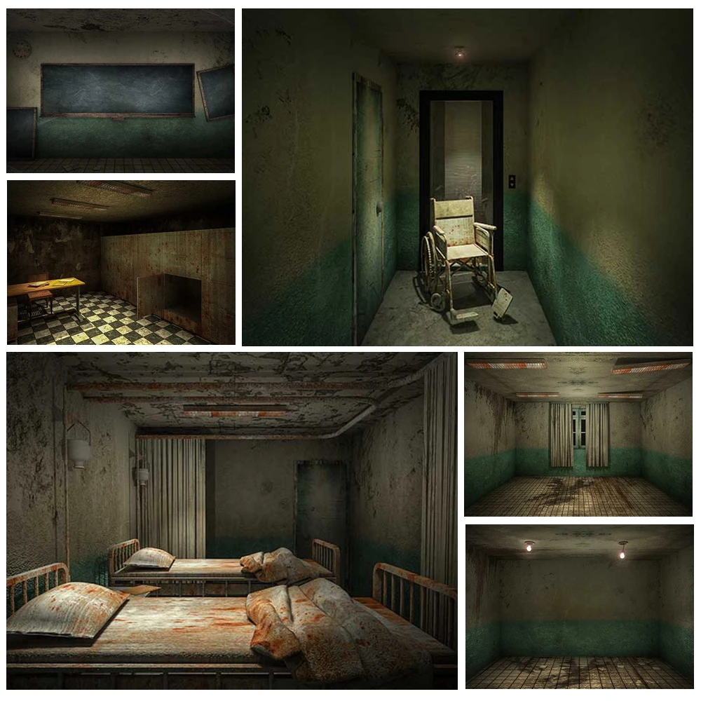 

MOON.QG Halloween Background Wheelchairs Corridors Abandoned Building Photography Backdrop Wallpaper Poster Photobooth Photozone