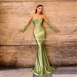 Qanz Sexy Sage Green Evening Dresses Half Sleeves Satin Mermaid Strapless Vestidos De Cerimonia Mulher Party Dresses Customized