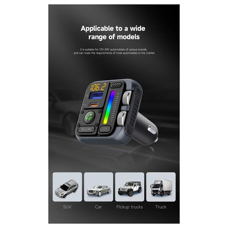 Bluetooth 5.3 FM Transmitter Car Adapter Car Charger 42W PD30W HIFI Sound Effect Wireless Hands-Free Call USB MP3 Player