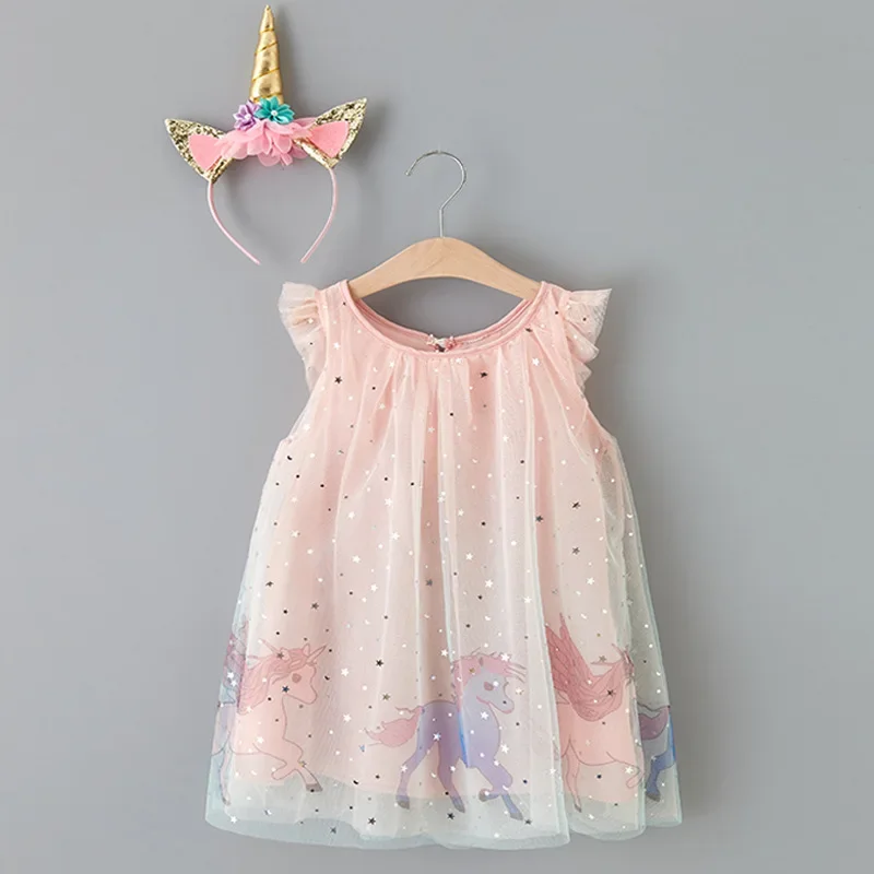 2023 Summer New Girls Star Mesh Dress Sleeveless Unicore Pricess Dress Cartoon Print Princess Dress Headband