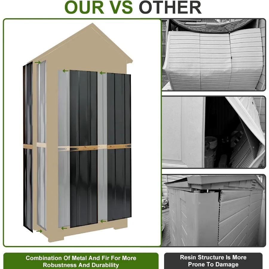خزانة تخزين خارجية معدنية خشبية مع سقف مقاوم للماء لسقيفة أدوات الحديقة تتميز بـ 6 أبواب مفصلية على شكل حرف T وأقدام معززة معي #2