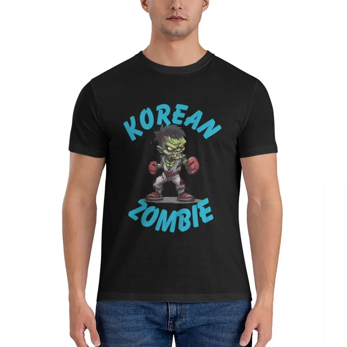 Rad kaus katun murni pria, T-Shirt lucu Zombie Korea lengan pendek leher bulat pakaian klasik