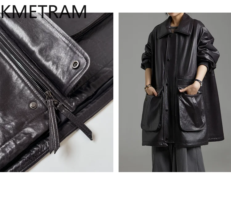 KMETRAM 100% Naturalna Skóra Owcza Kurtka Damska Oversize Zimowa Skóra Owcza Średniej Długości Nowości w Kategorii Płaszcze 2025 ropa mujer