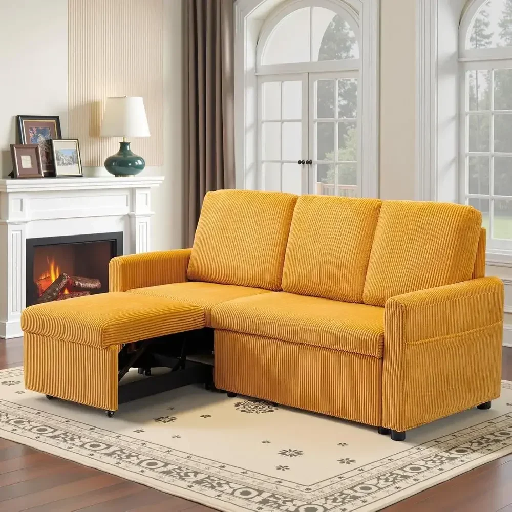 71 L-Shaped Corduroy Sofa with Reversible Chaise, Storage and Deep Seat for Small Spaces, Yellow