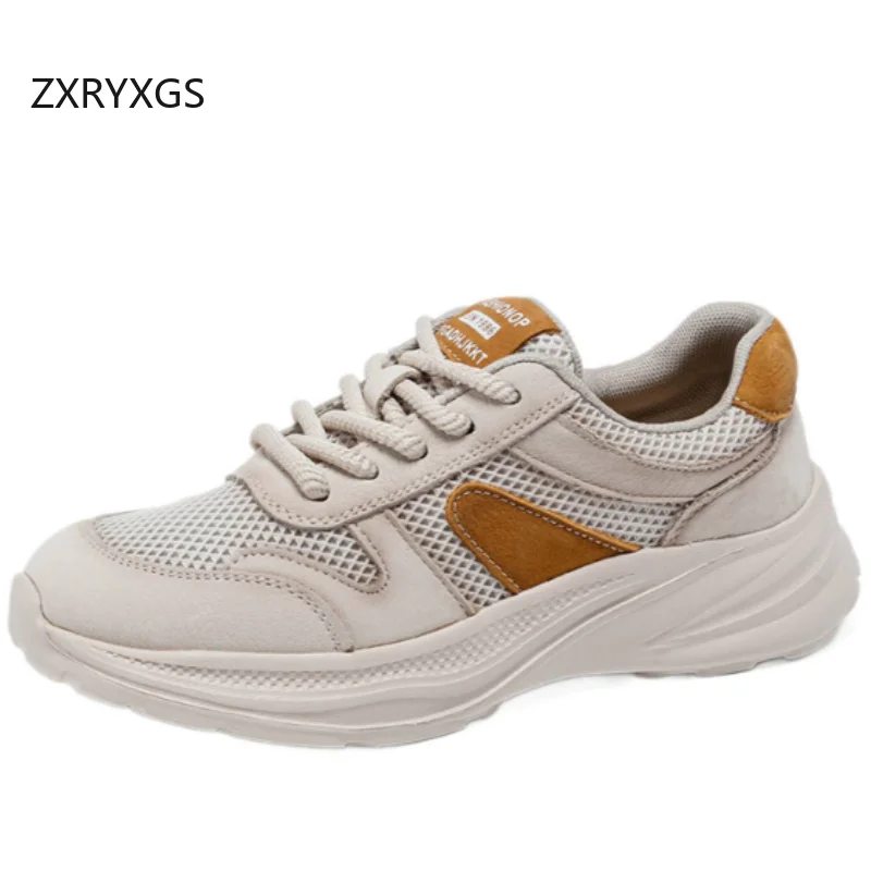 ZXRYXGS Splicing Spell Color Top Layer Cowhide Mesh Sneakers Comfortable Breathable Women Sneakers Fashion Casual Shoes New 2026