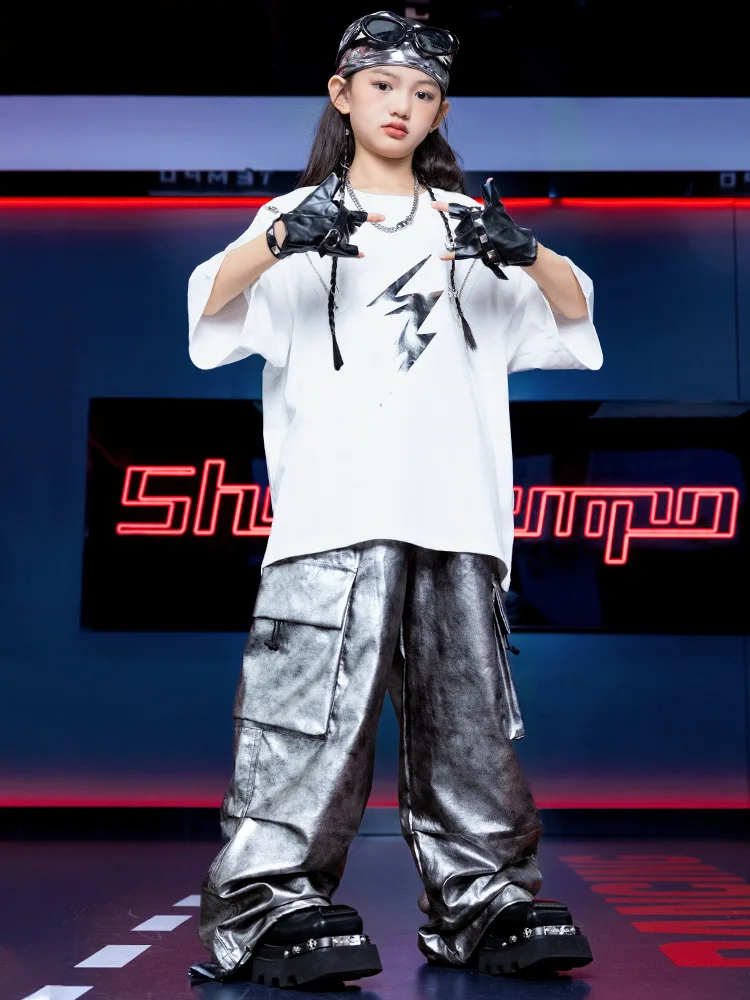 Kid Hip Hop Clothing White Black T Shirt Silver Tie Dye Parachute Cargo Pants Shorts for Girl Boy Dance Costumes Clothes  -129