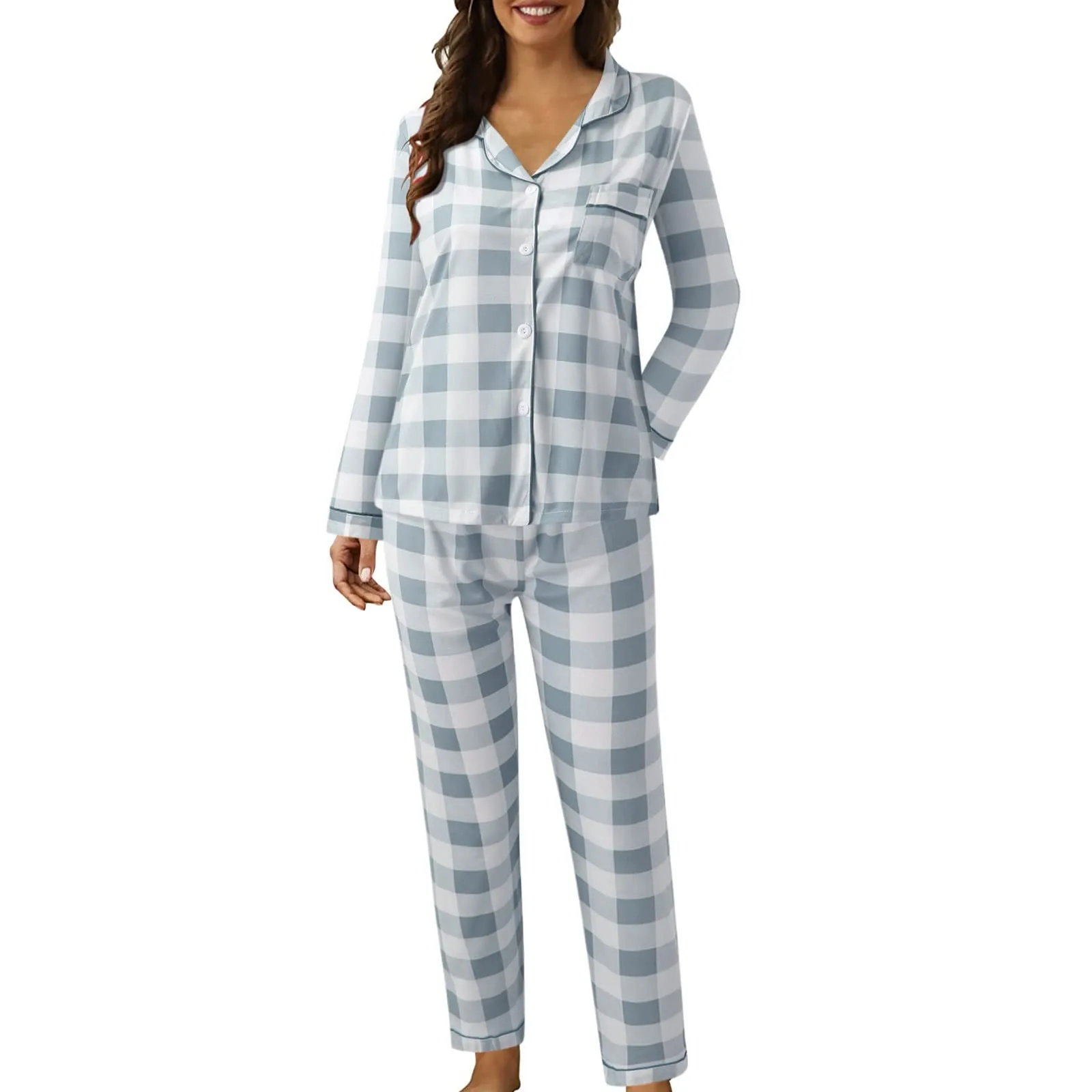 

Women Casual Lapel Button Pajama Sets Plaid Print Long Sleeve T Shirts And Pants Pajama Sets Women Loungewear