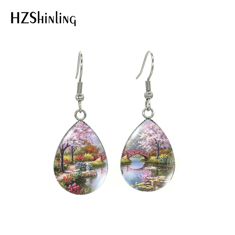 New Famous Oil Painting Beauty Scenery Print Tear Drop Dangles Handmade Landscape Paintings Fish Hook Earrings