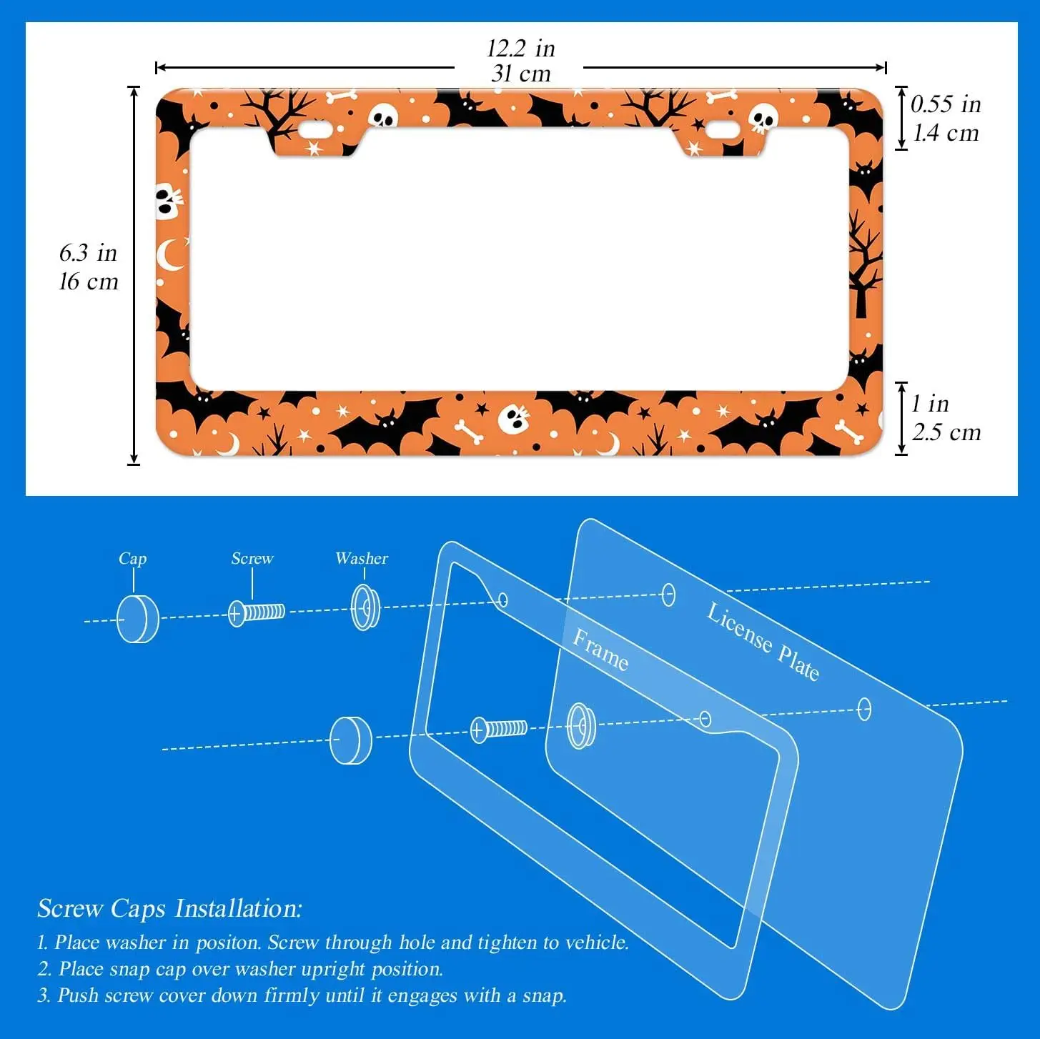 Halloween License Plate Frame 2 Pcs, Spooky Bat and Skull Pattern Decorative Metal Car Tag Holder, Orange and Black Holiday