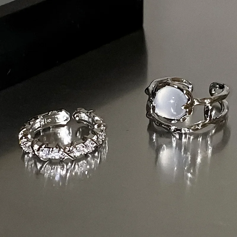 Luxury Personality 925 Sterling Silver Irregular Lava Hollowed Inlaid Zircon Stackable Rings for Women Korean Finger Jewelry