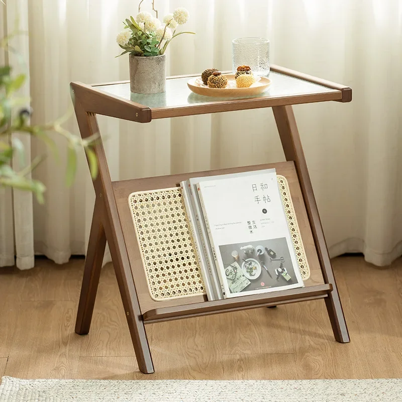 Glass coffee table, minimalist living room sofa side table, small bedside light luxury side table, homestay Japanese rattan