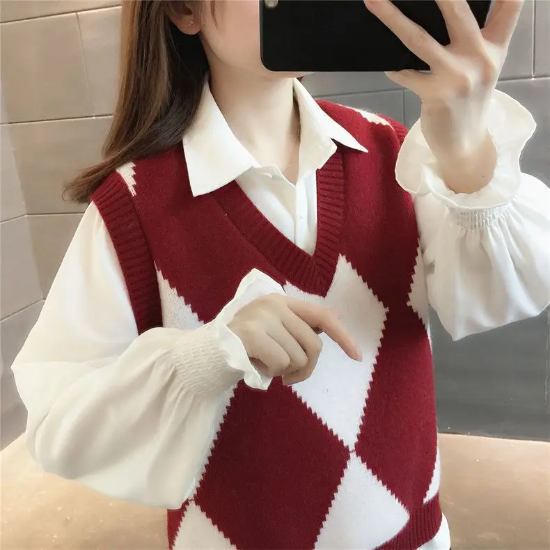 V-neck Sweater Vest Women's Casual Knit Shirt Student Sweet Retro  Spring and Autumn School Classic  Clothing X271