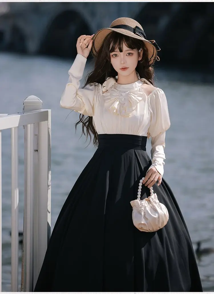 

Japan Lolita Original Design Fake Two Piece Long Sleeved Large Hem Dress Spring Lolita Elegant Romantic Dress