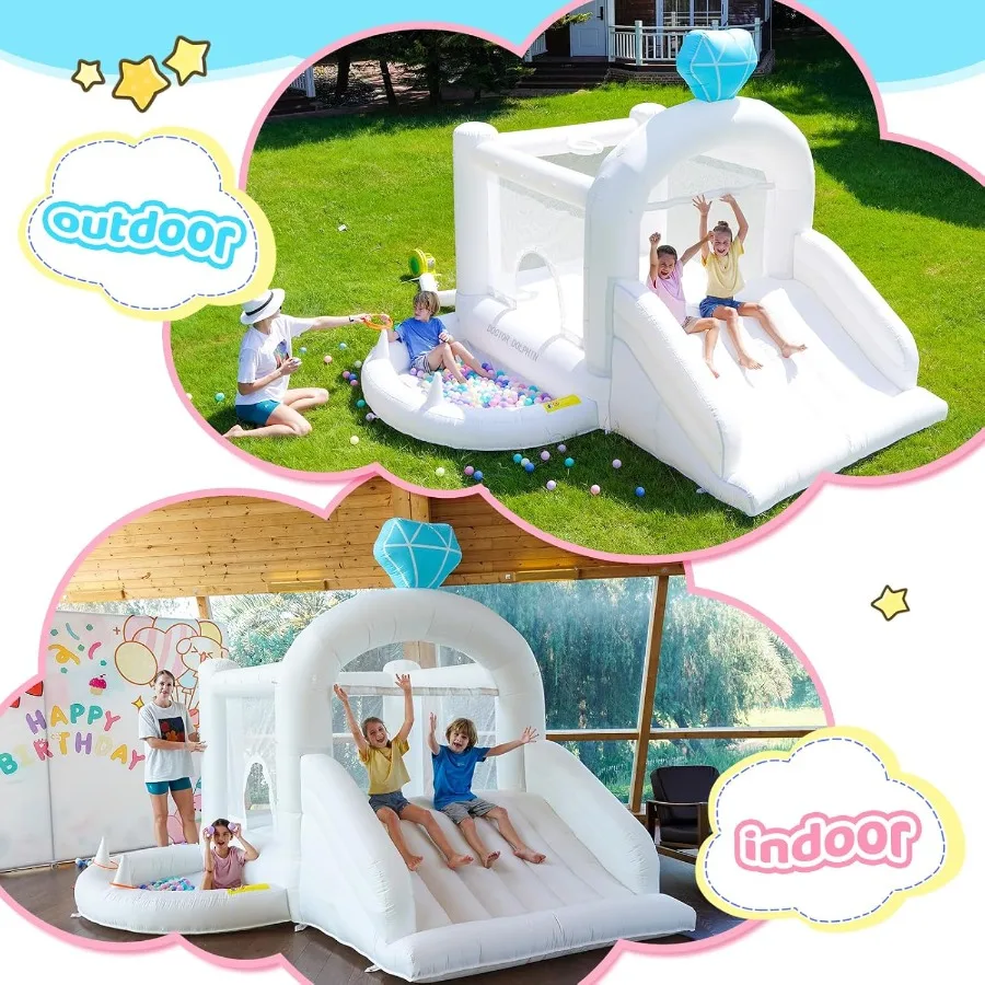 Weißes aufblasbares Hüpfhaus für Kinder im Alter von 3 bis 6 Jahren mit Bällebadern und integriertem Gebläse. Ideal Springburg für den Innen- und Außenbereich für die Geburt