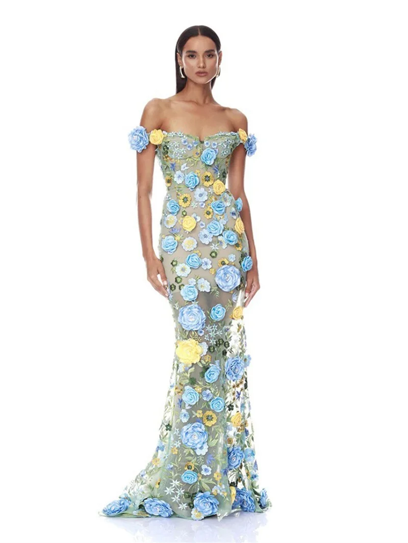 Green Floral Embroidered Prom Dress Off‑Shoulder Mermaid Mesh Lace‑Up Slim‑Fit Party Gown Elegant Sheer Evening Wedding Robe