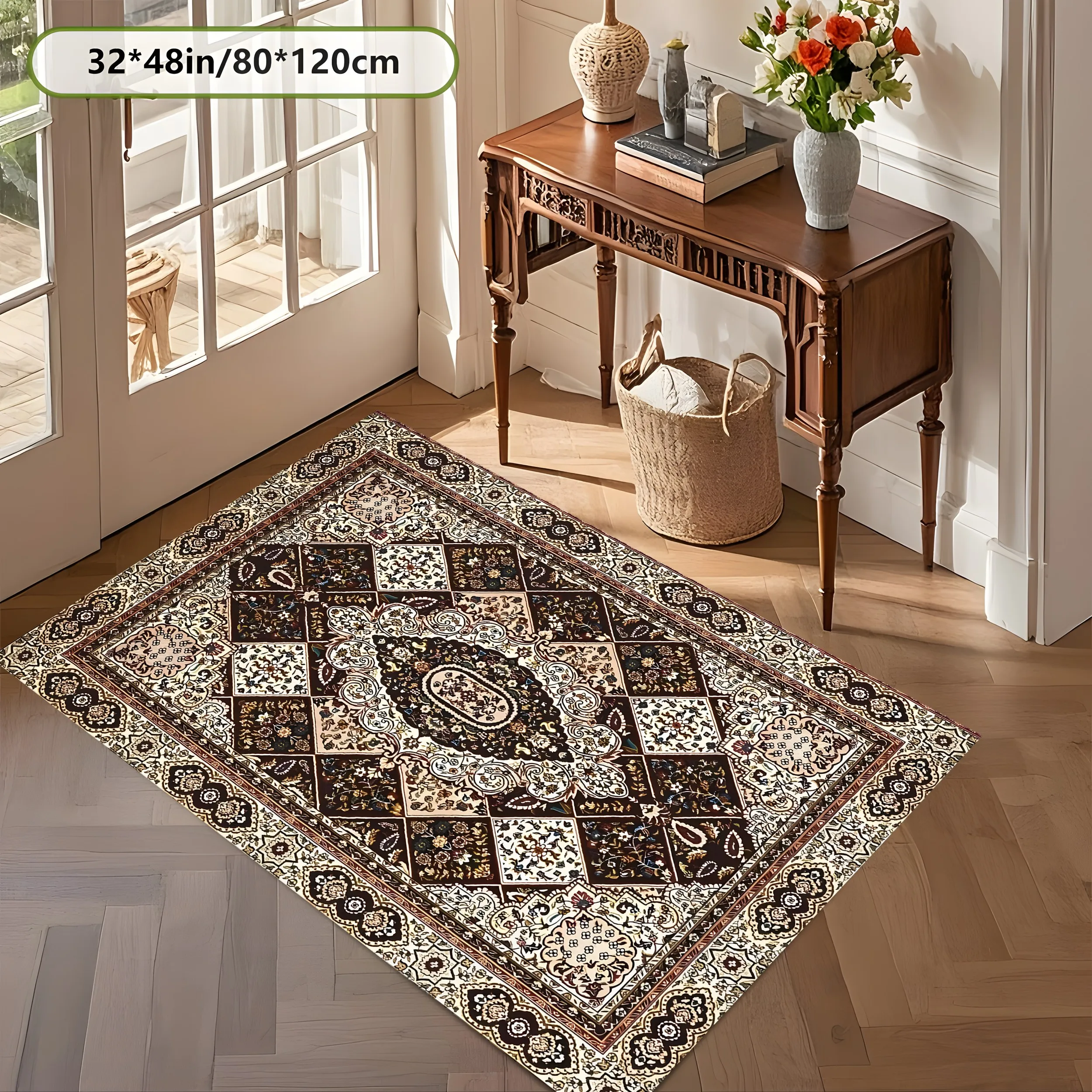 Retro Persian Symmetrical Diamond Rug Soft Velvet Carpet Living Room Bedroom Tea Room Decor