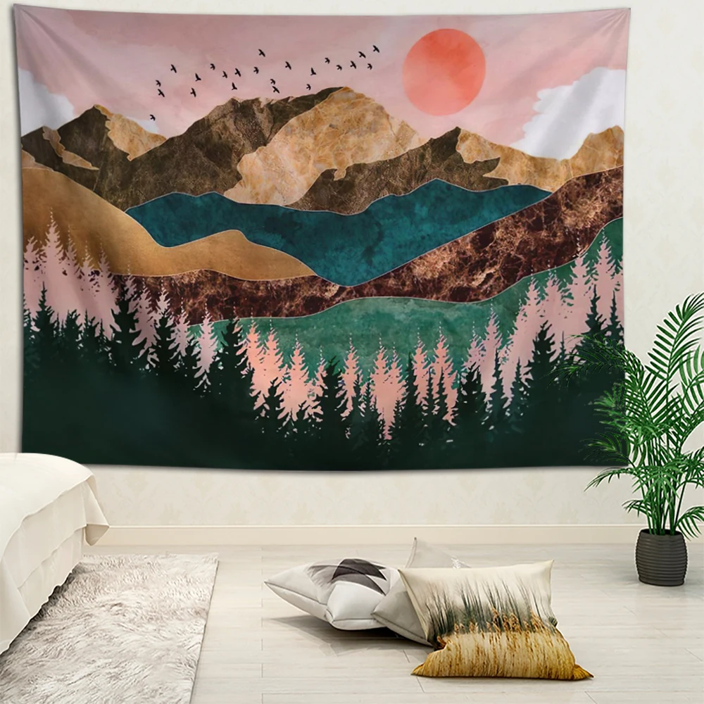 1pc 100x150cm Berg Tapisserie Wald Tapisserie Sonnen untergang Tapisserie Natur Landschaft Tapisserie Sterne Tapisserie Wandbehang für Raum