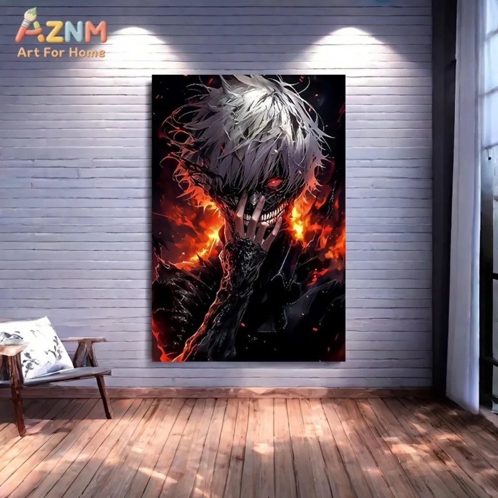 AZNM Tokyo Ghoul Kaneki Ken Fire Anime Canvas Wall Art Unframed Painting for Home Decor