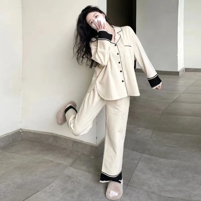 Patchwork Sleepwear Women Pajama Sets Button Piiama Long Sleeve Pants Sets 2 Pieces Night Wears Korean Autumn Casual Home Suit