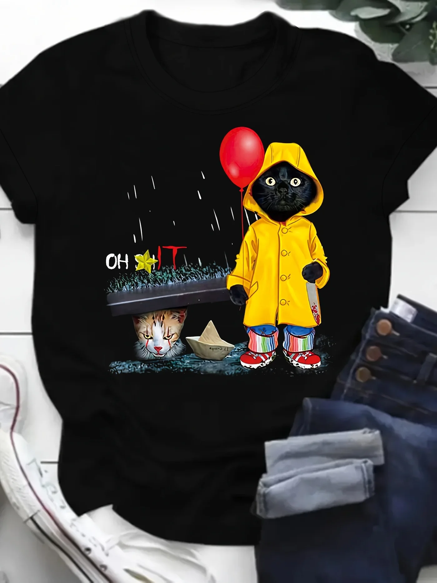 Horror Movie Cat Parody Women's Tee - Funny IT Pennywise Black Graphic Top