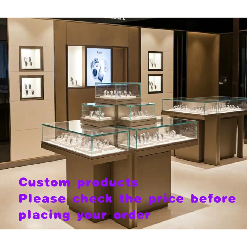 custom.Custom Luxury Multi-Level Watch Island Counter Premium Stainless Steel Jewelry Display LED Lighting Customized Showr