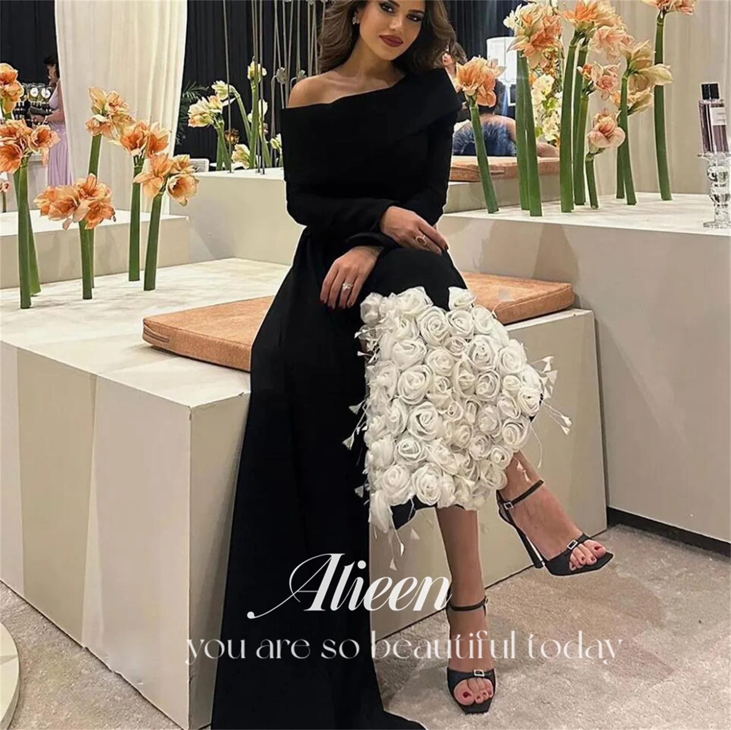 Black 3D Flowers Saudi Long Sleeve Elegant Luxury Evening Dresses Ladies Gown Party Women customized Dress Reception Weddings