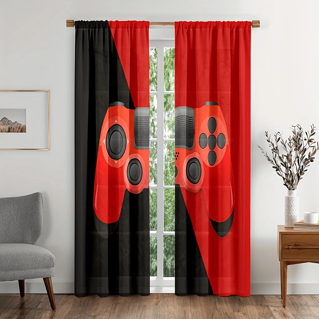 Red Black Game Controller Curtains, Gamer Room Decor Drapes, Esports Joystick Print Window Treatment for Boys Bedroom, Blackout