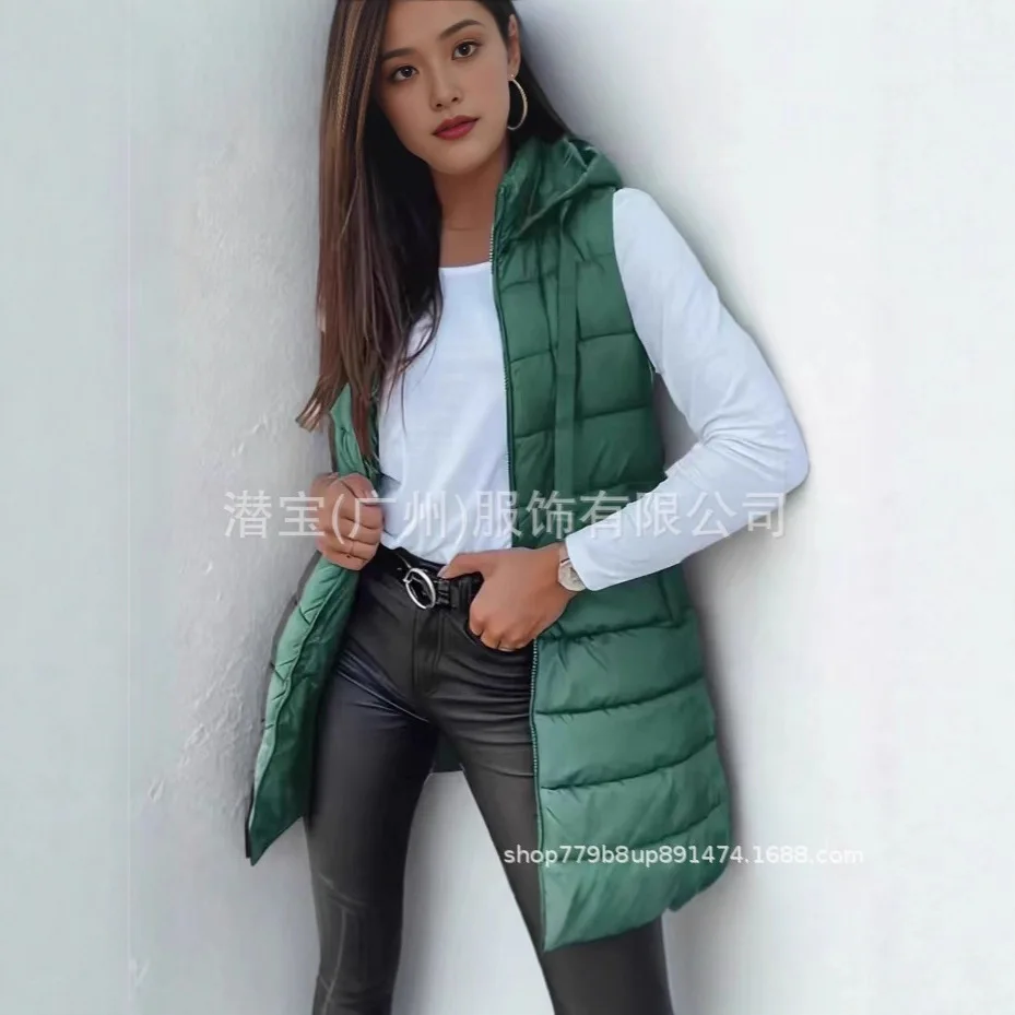 

Autumn Winter Women's Long Vest Cotton-padded Zipper Cardigan Hooded Solid Color Pocket Fashion Casual Versatile Coat for Female