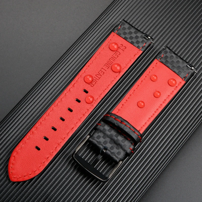 Calfskin strap Bracelet Carbonfiber Grain Watchband 18mm 20mm Red Orange Stitching Watch Band 21mm 22mm 23mm 24mm Watch Strap