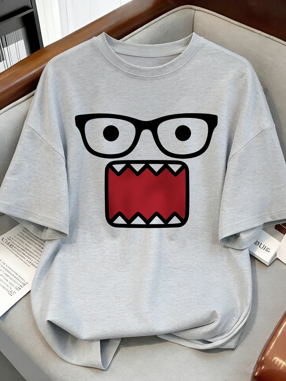 Domo‑Kun With Glasses Printed Cotton T-Shirts Womens Summer Short Sleeve T Shirt O-Neck Soft Oversized Tops Basic Casual Clothes