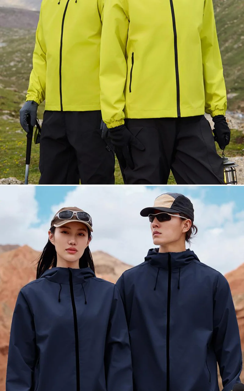 Wasserdichte Wanderjacken, doppelte Stoff-Windjacke, Kapuzenjacke, Schutz, Windjacke, Camping, Klettern, Unisex, Reißverschlussmäntel – Detail 8