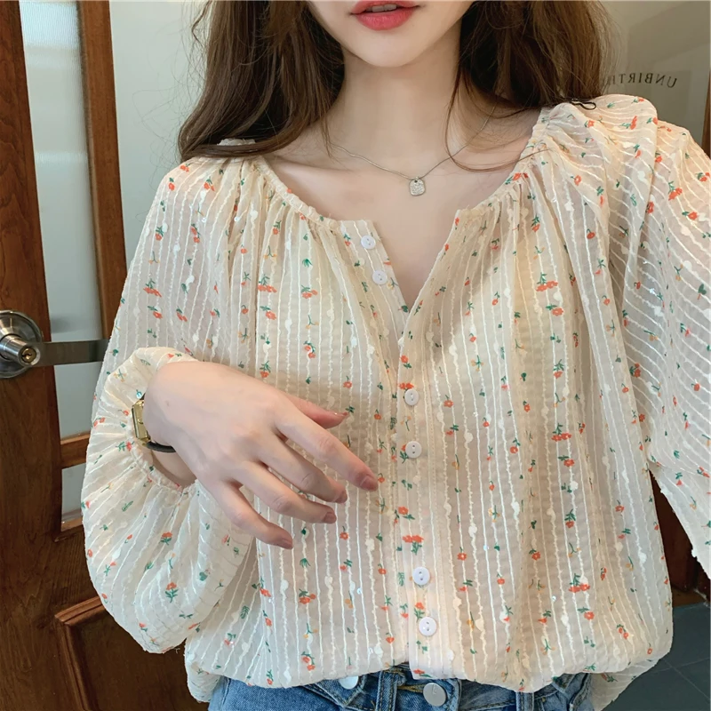 

Свободная женская рубашка с длинным рукавом и круглым вырезом, с цветочным принтом, весенне-летняя, тонкая, в корейском стиле, повседневная