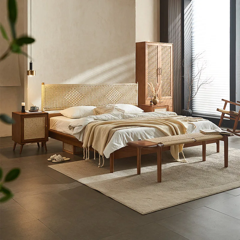 Factory Direct 2026 South East Asia style solid wood bed 1.8 meters rattan double hotel homestay rattan art furniture rattan bed