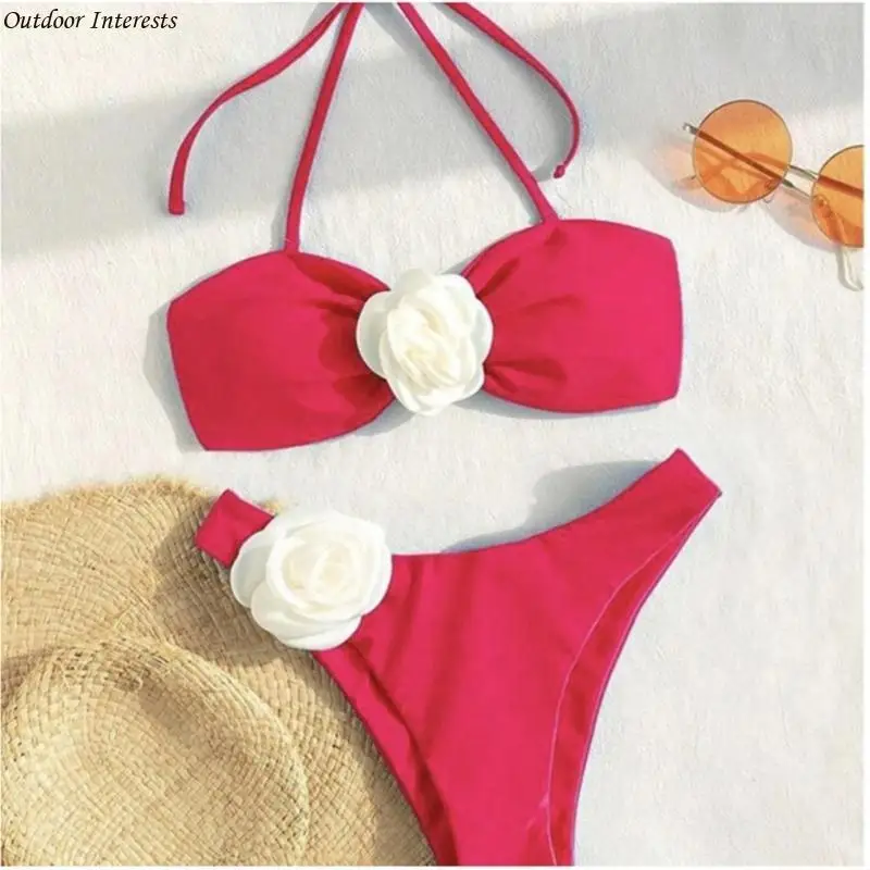 

Women Swimsuit Two Parts Bathing Suit 3D Rose Flower Swimming Costume Halterneck Swimwears Quick Drying for Beach Pool 400C