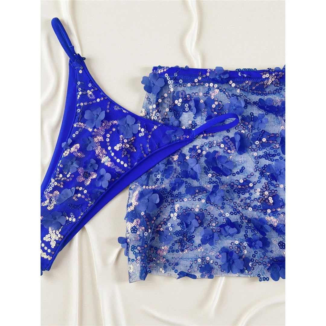 S - XL Dreiteiliges Bikini-Set mit Rock, Blumen, Pailletten, Damen-Bikini, Badeanzug, Badebekleidung, Badeanzug, Schwimmbekleidung V7864 – Detail 23