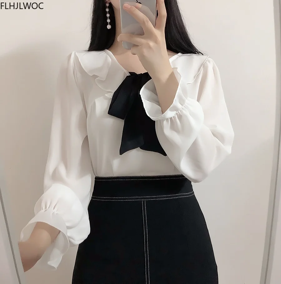 Bow Tie Tops 2022 Summer Cute Sweet Preppy Style Girls White Ruffled Shirt Elegant Korean Chic Women Tops Flhjlwoc Blouse