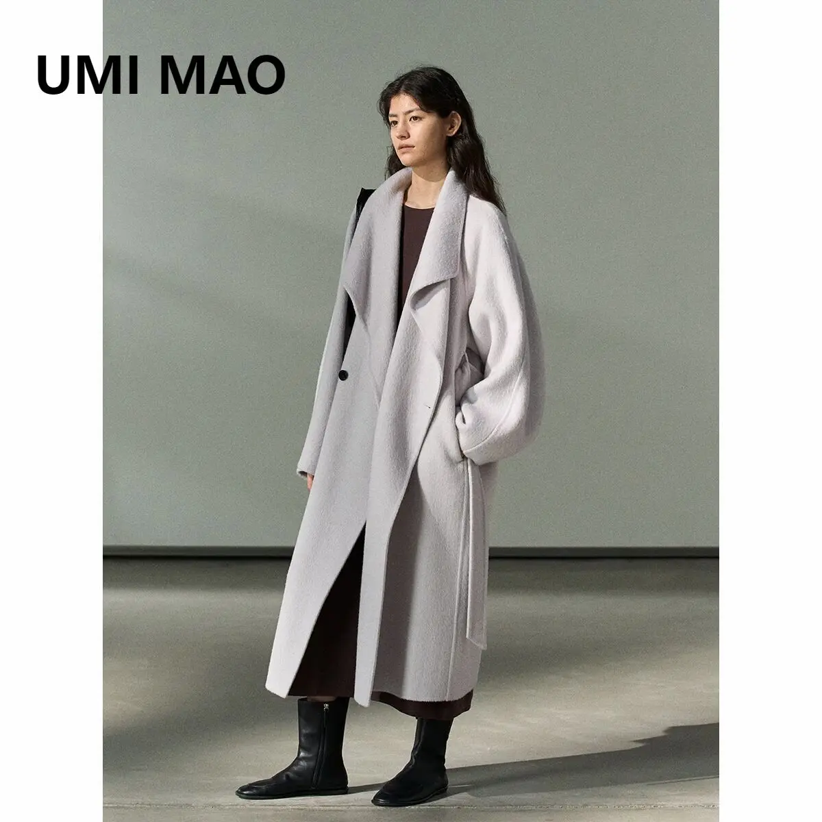 

UMI MAO шерстяное пальто, шелковое австралийское шерстяное двустороннее шерстяное пальто с лацканами, осень-зима, новая свободная женская дорожная куртка на шнуровке