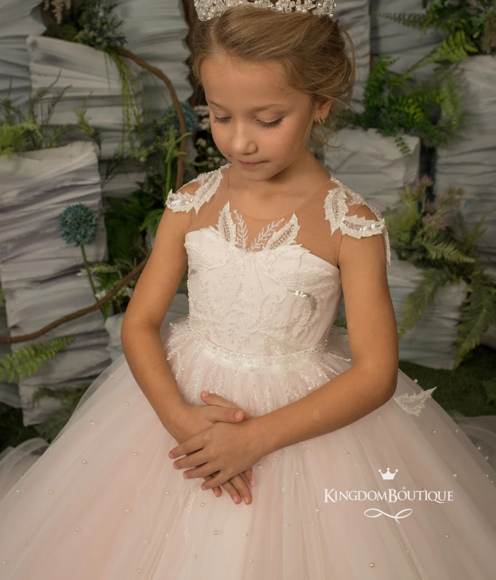 Lorencia-vestido de niña de flores rosa para boda, Apliques de encaje, lentejuelas, fiesta de cumpleaños, ropa de desfile, vestido de baile de primera comunión, YFD015