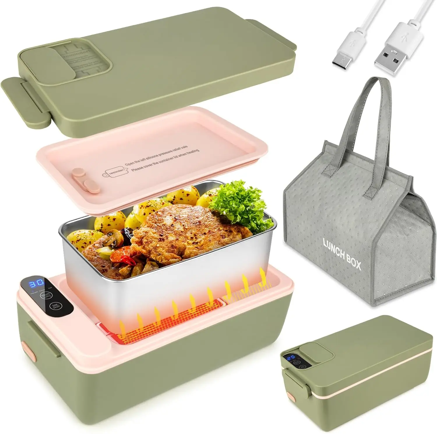 

Cordless Electric Lunch Box, Battery Powered Food Warmer, 1L Stainless Steel Container with Timer Display
