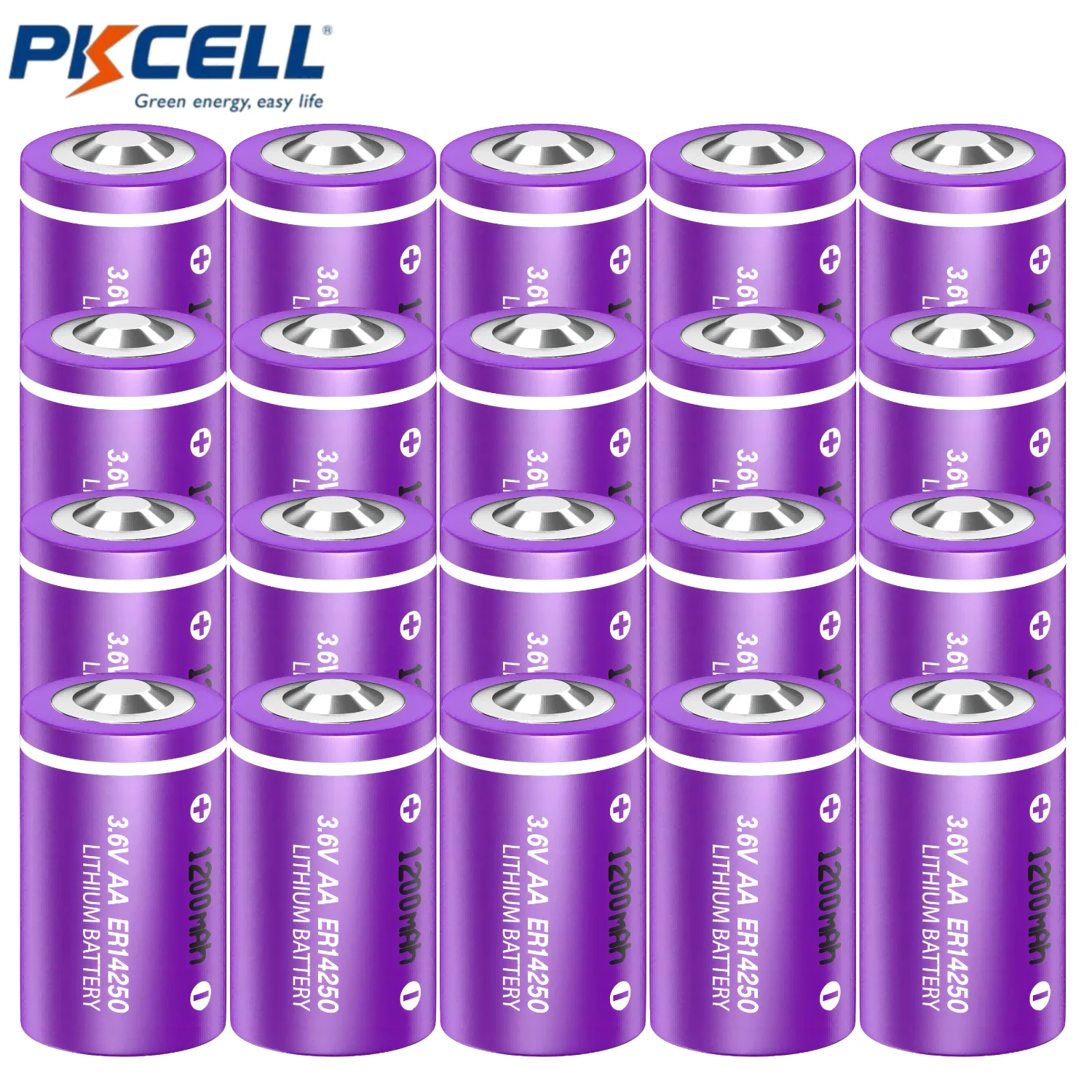 PKCELL 20PCS ER14250 Nonrechargeable 3.6V Lithium Battery Li-SOCL2 1/2 AA Size 1200mAh 3.6Volt Lithium Thionyl Chloride Battery