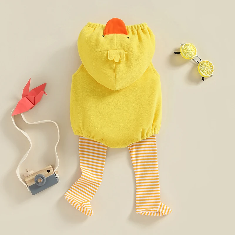 Newborn Infant Baby Girls Casual Hooded Romper Sleeveless Zip Up Animal Chick Romper Jumpsuit with Striped Socks